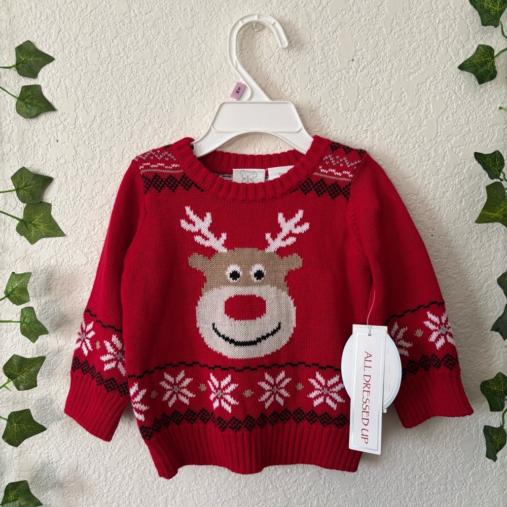 Koala Baby Red Christmas Holiday Reindeer Fair Isle Knit Sweater Size 9 Months
